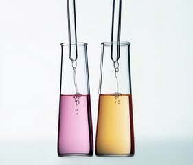 Two test tubes with colorful liquids, showcasing a vibrant chemistry experiment in a modern laboratory setting.