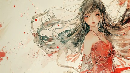 Sticker - Anime Girl with Long Hair and Red Dress