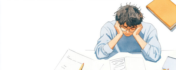 A young man appears stressed while studying, surrounded by papers and books, reflecting the challenges of academic life. watercolor illustration