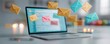 © Cheewynn - Laptop with flying envelopes, vibrant 3D email marketing concept, colorful digital communication, glowing workspace