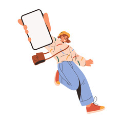 Stylish woman showing smartphone with blank screen for copy space, flat cartoon vector illustration. Isolated female character with mobile phone holding in hands. Cellphone for advertisement