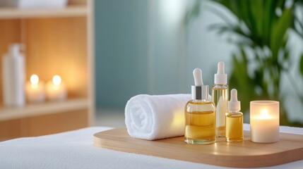 A relaxing spa scene with a massage table, candles, and essential oils, evoking a sense of calm and rejuvenation