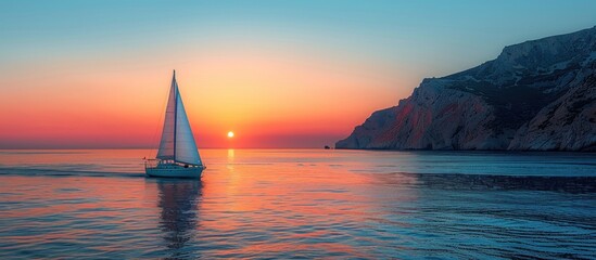 Poster - Sailboat at Sunset with Mountain in Background