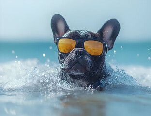 A stylish dog swimming in the ocean, wearing sunglasses. Perfect for summer and pet lovers' projects.