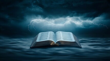 Wall Mural - Open Bible lying before a darkened cross under a stormy sky with lightning, symbolizing faith in turbulent times, copy space for text