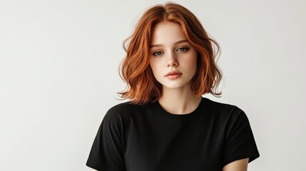 Close up of beautiful woman with white skin, red short hair, wavy hair and a clear black t shirt, isolated in a light white studio. Portrait person.