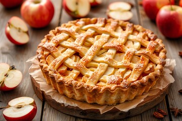 classic tradition lattice apple pie tart tartlet pastry dessert on wooden background , created ai