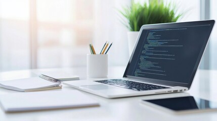 A laptop is open on a desk with a white notebook and a green pencil