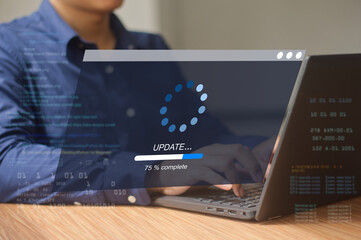 a business person updates software, installs an update process, and upgrades the software version co