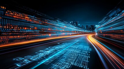 Wall Mural - semi close-up, digital highway with glowing data packets traveling at lightning speed, abstract cybe