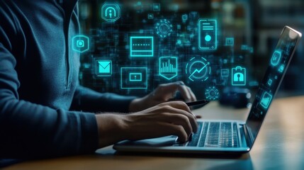 Poster - A person is typing on a laptop with a blue screen that has many icons