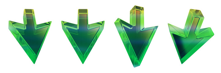 Wall Mural - 3D glass arrow set, crystal transparent UI cursor icon, green y2k glossy direction emblem, pointer. Game interface pictogram, website click navigation shape, modern web button. 3D arrow collection
