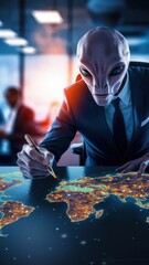 Wall Mural - A man in a suit with an alien head sitting at his desk, AI