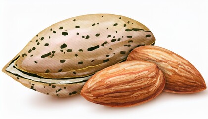 Wall Mural - Almonds nut with shell and cracked almonds shell isolated on white background. Almond package design element. .