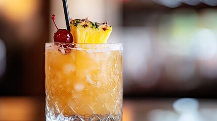 Close-up of a tropical cocktail with pineapple and cherry garnish