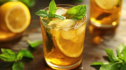 Iced green tea with floating lemon slices and mint leaves