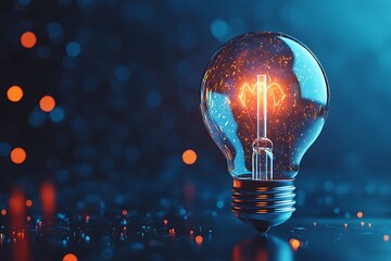 A glowing light bulb with a bright, orange filament, standing against a blue bokeh background.