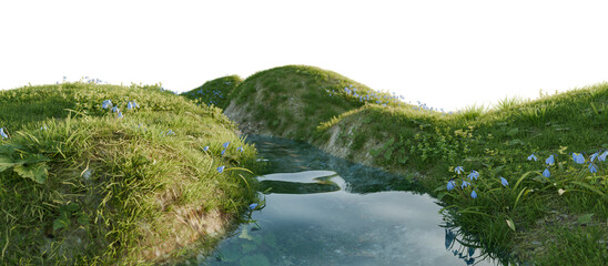 Wall Mural - Serene river flowing through a lush green landscape. 3D render.