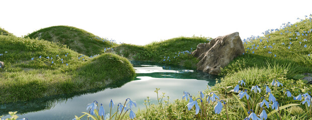 Poster - Serene river flowing through a lush green landscape. 3D render.