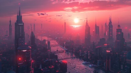 Poster - Futuristic Cityscape at Sunset