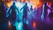© arhendrix - Eerie spirits in ghostly costumes dance in colorful lights and mist at a spooky Halloween party.
