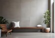 © Sharif54 - A modern minimalist living room with a wooden bench, white pillows, and potted plants against a concrete wall.