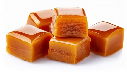 Wall Mural - Homemade salted caramel pieces isolated on white background. Golden Butterscotch toffee candy caramels macro.