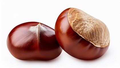 Wall Mural - Horse Chestnuts isolated on white background. Autumn Chestnuts closeup. Autumnal Food design elements .