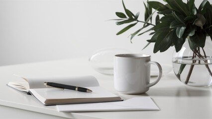 Wall Mural - A white table with a mug, book and pen on it, AI