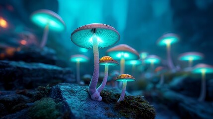 Sticker - Glowing Mushrooms in a Forest.