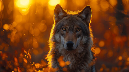 Sticker - A solitary wolf stands majestically in a forest bathed in the warm glow of the setting sun.  The wolf's piercing gaze and the golden light create a sense of mystery and wonder.