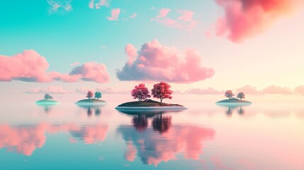 Sticker - Surreal Landscape with Pink Clouds and Small Islands.