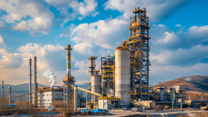 A sprawling industrial complex with tall chimneys emitting smoke under a cloudy sky, symbolizing production, industry, manufacturing, energy, and pollution.