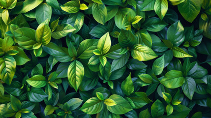 Wall Mural - A vibrant close-up shot of lush green leaves, symbolizing nature, growth, vitality, freshness, and abundance.