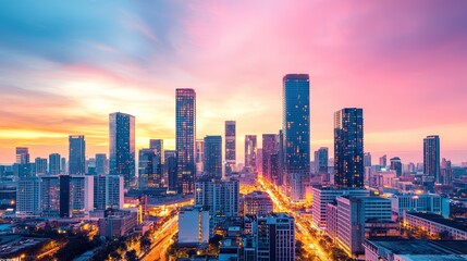 Wall Mural - Cityscape at Sunset with Pink and Blue Sky.