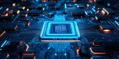 Poster - Glowing Circuit Board with Central Processing Unit.