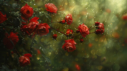 Sticker - Red roses are blooming in a garden under a soft rain. The image is a symbol of love, beauty, nature, and new beginnings.