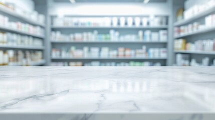 Wall Mural - Blurred pharmacy shelves with medication bottles in background, focus on empty marble countertop in foreground, clean modern drugstore interior.