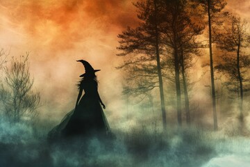 Mysterious silhouette of a witch in a misty forest with a hauntingly beautiful sunset, creating a spooky and enchanting atmosphere.