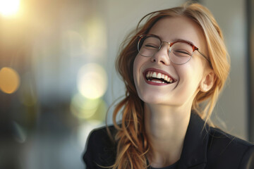 Young happy cheerful professional business woman, happy laughing female office worker