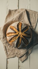 Wall Mural - A loaf of bread on a cloth with some flowers, AI