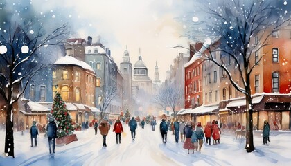 watercolor drawing urban view of society in a snowfall, winter white background blizzard, christmas card abstract city