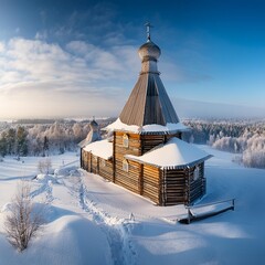 Wall Mural - wooden church winter top view, landscape russian north architecture