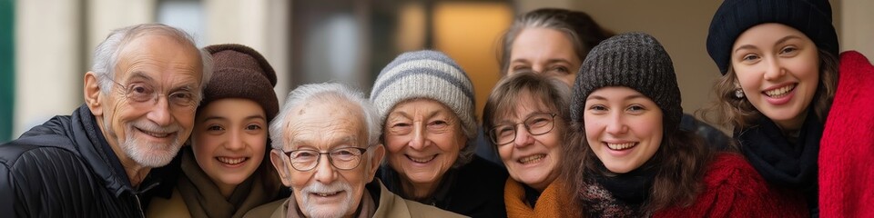 Wall Mural - A group of people are posing for a picture, with some of them wearing hats and scarves. Scene is warm and friendly, as the group appears to be enjoying each other's company