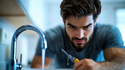 A focused young man repairing a faucet in a modern kitchen, showcasing determination and skill in home maintenance.