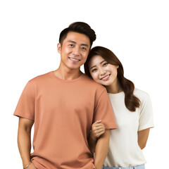 Wall Mural - Portrait of a happy Asian couple hugging and smiling together, isolated on transparent background