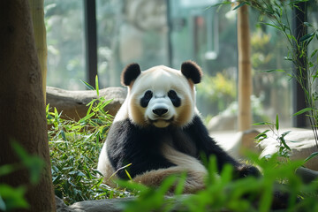 portrait of a sitting panda near bamboo