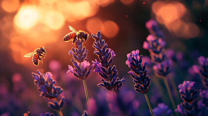 Poster - Honeybees Gathering Pollen on Lavender at Sunset.