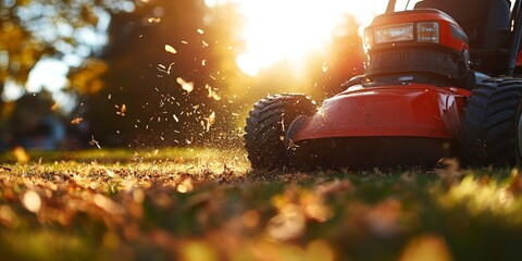 Wall Mural - Man Mows Lawn at Sunset Creating Serene Backyard Atmosphere