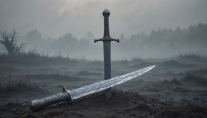 viking sword in the ground on a misty battlefield with atmospheric background. Ancient sword planted in misty battlefield with epic atmospheric background created with generative ai.